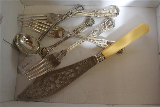 Silver flatware - 3 table forks, a ladle and a butter knife and a fish slice